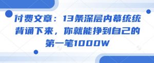 付费文章:13条深层内幕统统背诵下来,你就能挣到自己的第一笔1000W-康仁安资源