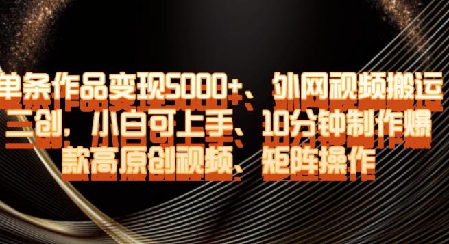 单条作品变现5000+、外网视频搬运二创，小白可上手，10分钟制作爆款高原创视频，矩阵操作【揭秘】-康仁安资源