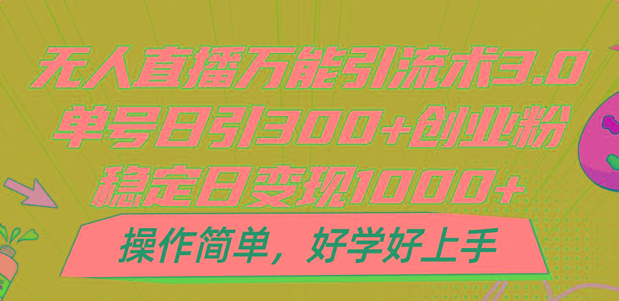 无人直播万能引流术3.0，单号日引300+创业粉，稳定日变现1000+，操作简单-康仁安资源