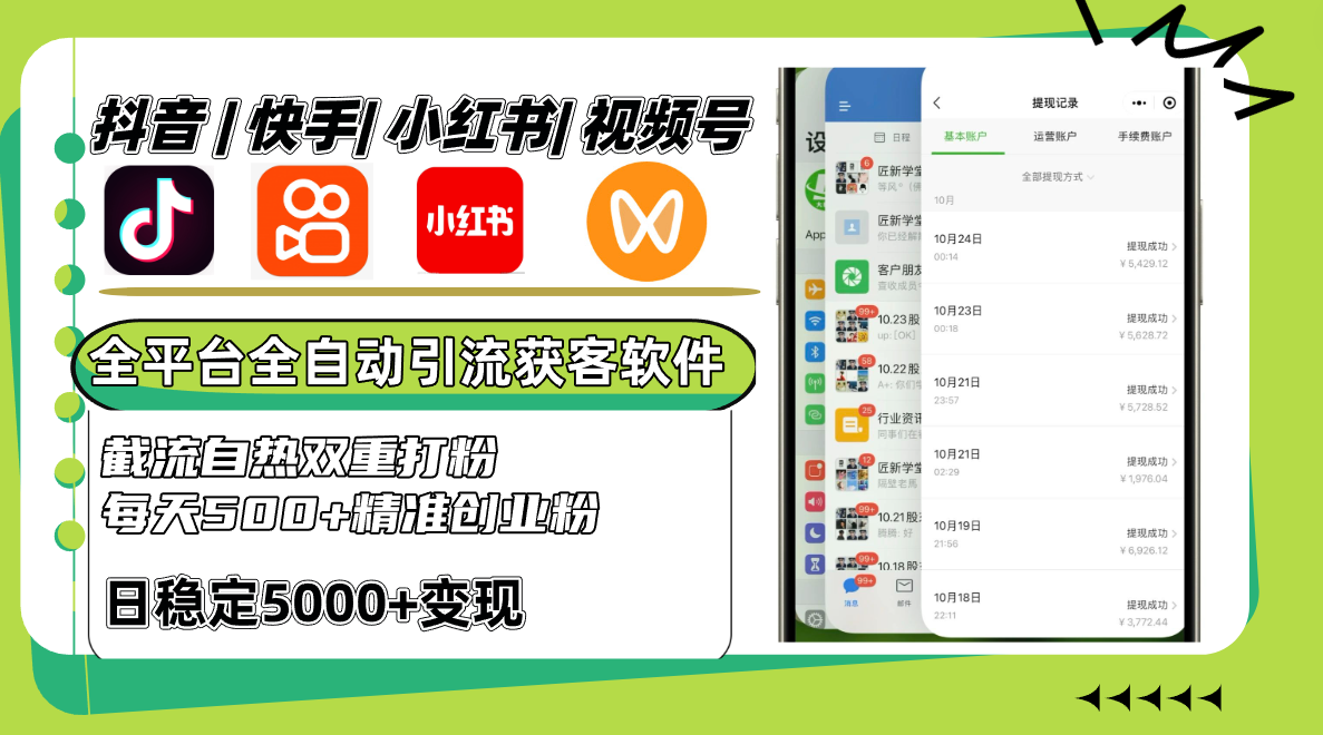 抖音快手小红书视频号全平台全自动引流获客系统，截流自热双重打粉，每天500+精准粉-康仁安资源