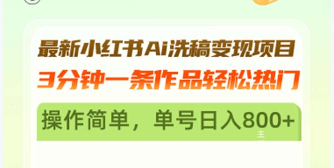 最新小红书Ai洗稿变现项目 3分钟一条作品轻松热门 操作简单，单号日入800+-康仁安资源