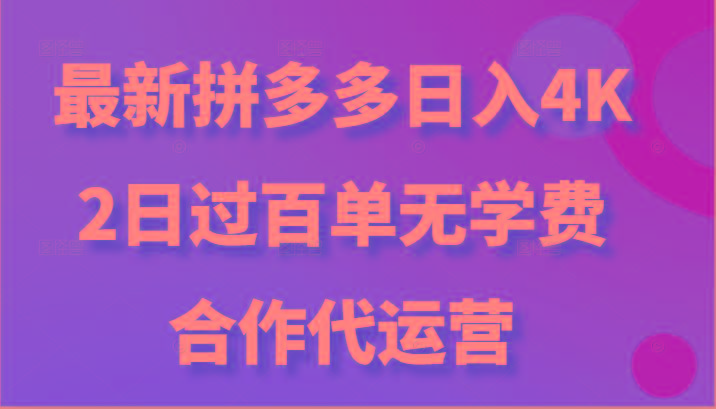 最新拼多多,日入4K+,2日过百单无学费,合作代运营-康仁安资源